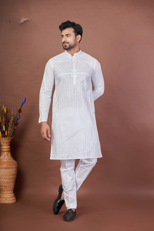 The Light Stitch – White Paper Cotton Embroidered Kurta