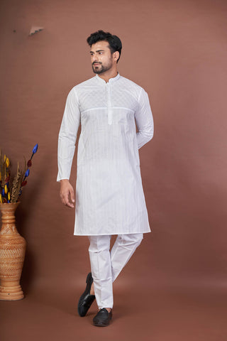 The Light Stitch – White Paper Cotton Embroidered Kurta