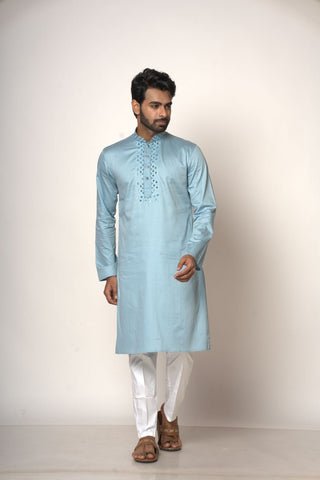 Aqva Blue Colour With Collar  Mirror Work Design Kurta