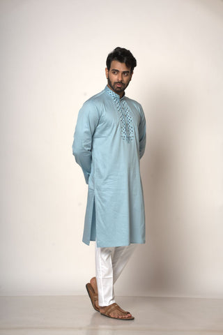 Aqva Blue Colour With Collar  Mirror Work Design Kurta