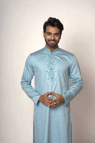 Aqva Blue Colour With Collar  Mirror Work Design Kurta