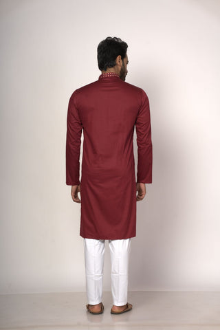 Maroon Colour Kurta With Collar Patti Machine Work Design