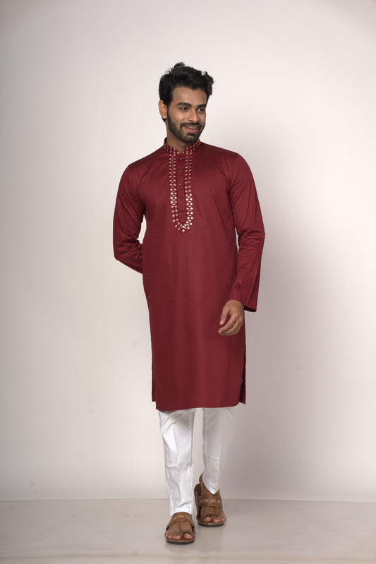 Maroon Colour Kurta With Collar Patti Machine Work Design