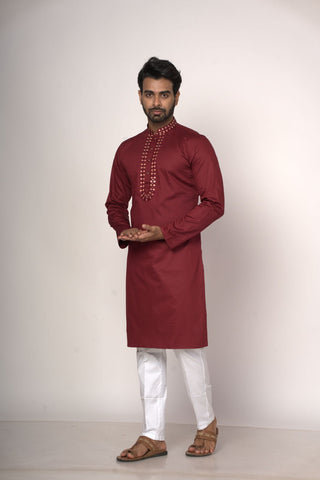 Maroon Colour Kurta With Collar Patti Machine Work Design