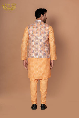 Royal Nehru – Yellow Self Print Cotton Jacket Set