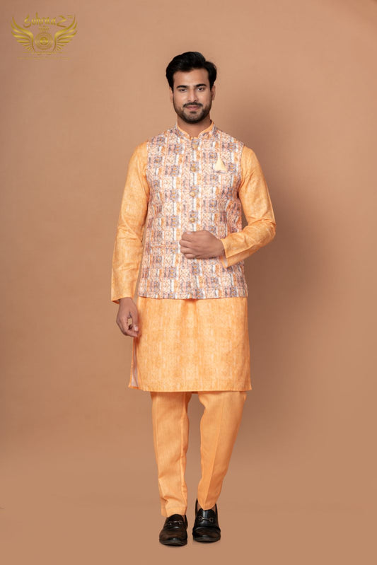 Royal Nehru – Yellow Self Print Cotton Jacket Set