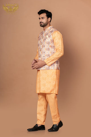 Royal Nehru – Yellow Self Print Cotton Jacket Set