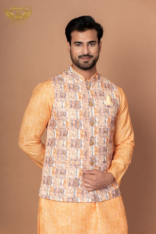 Royal Nehru – Yellow Self Print Cotton Jacket Set