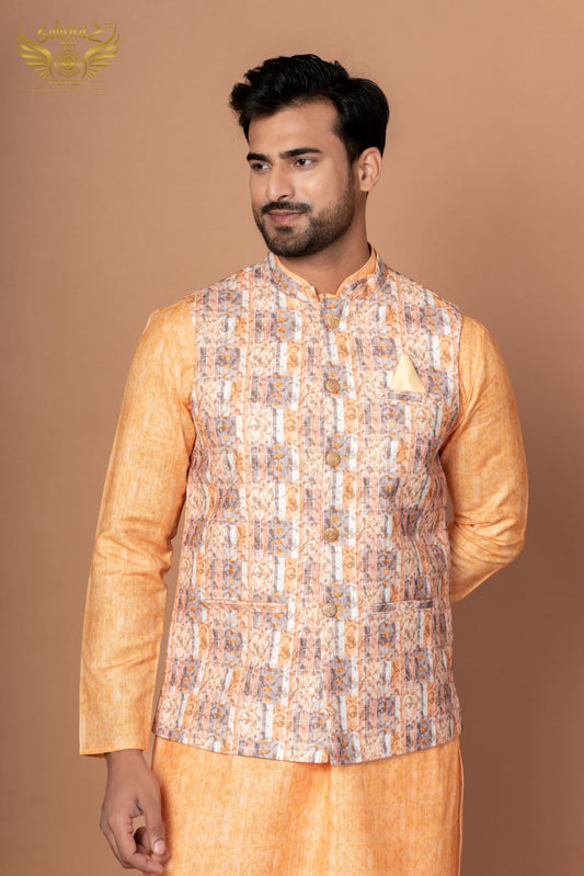 Royal Nehru – Yellow Self Print Cotton Jacket Set