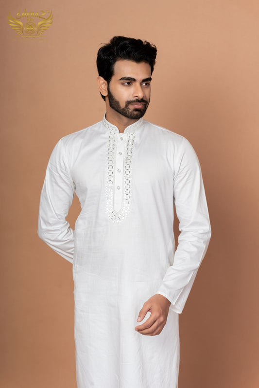 Reflect Royal – White Giza Mirror Work Kurta