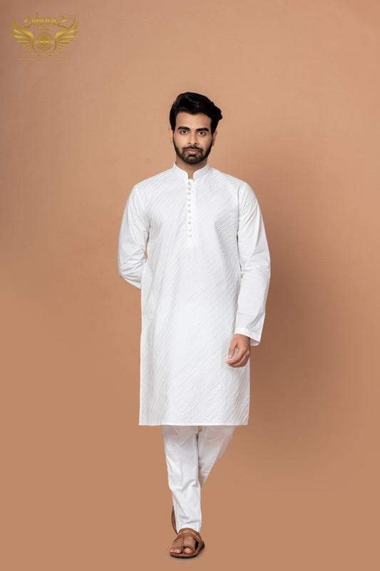 White Strokes – Cotton Thread Embroidered Kurta