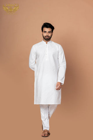 White Strokes – Cotton Thread Embroidered Kurta