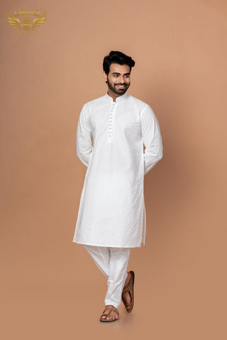White Strokes – Cotton Thread Embroidered Kurta