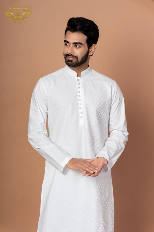 White Strokes – Cotton Thread Embroidered Kurta
