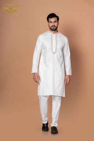 Soft Threads – White Giza Cotton Hand Embroidered Kurta