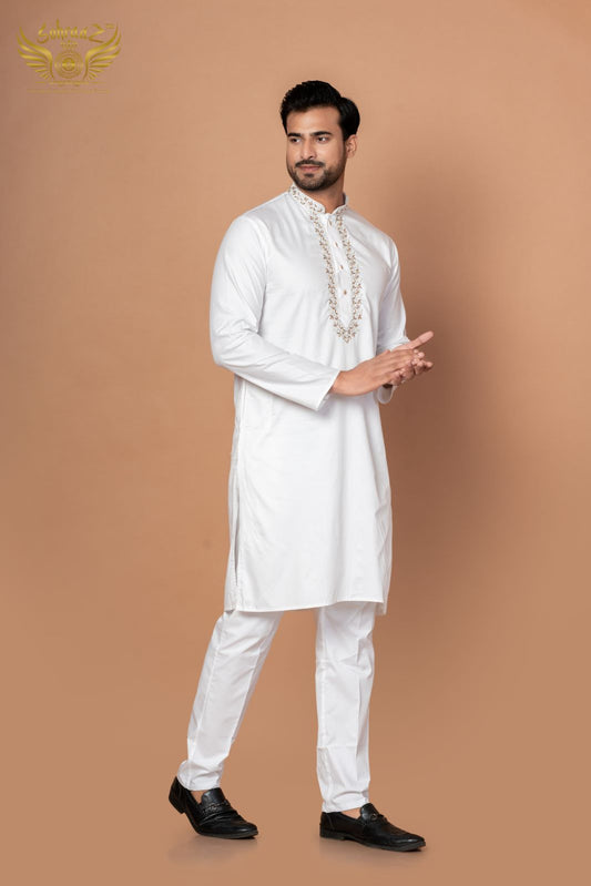 Soft Threads – White Giza Cotton Hand Embroidered Kurta