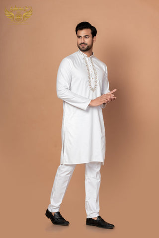 Soft Threads – White Giza Cotton Hand Embroidered Kurta