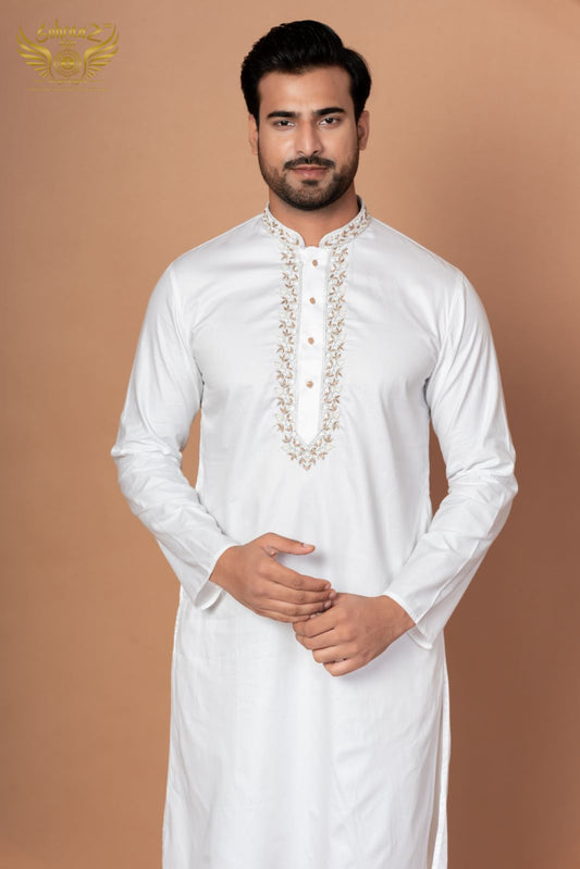 Soft Threads – White Giza Cotton Hand Embroidered Kurta