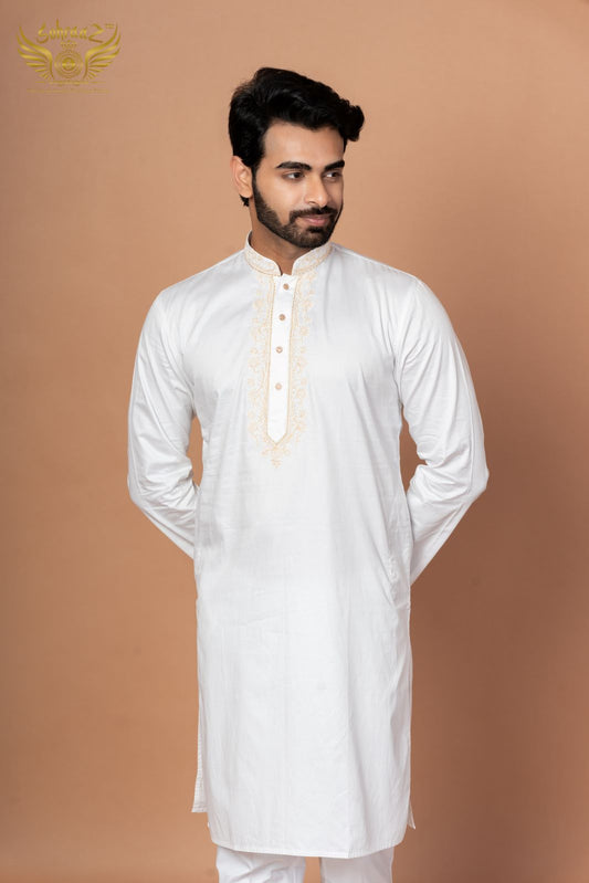 Sunny Stitch – White Giza Cotton Embroidered Kurta