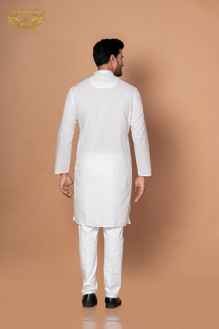 White Cotton Addhi Kurta with Minimal Thread Embroidery
