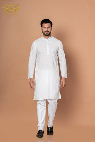 White Cotton Addhi Kurta with Minimal Thread Embroidery
