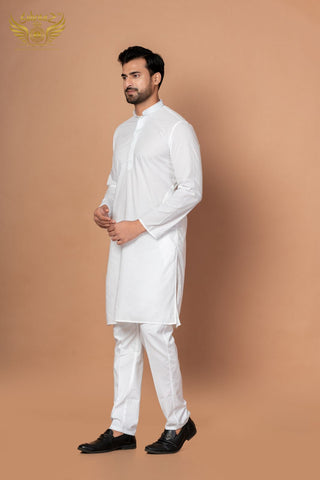 White Cotton Addhi Kurta with Minimal Thread Embroidery