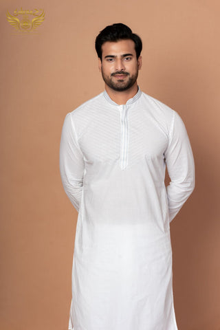 White Cotton Addhi Kurta with Minimal Thread Embroidery