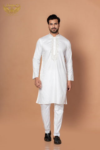 Pure White Giza Cotton Kurta – Zardosi Handwork for Festive Wear