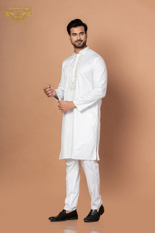 Pure White Giza Cotton Kurta – Zardosi Handwork for Festive Wear