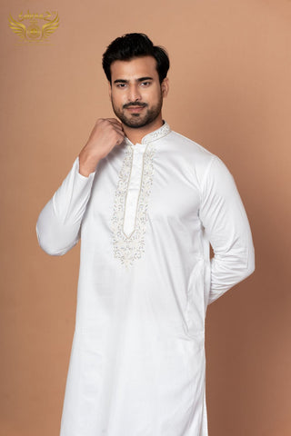 Pure White Giza Cotton Kurta – Zardosi Handwork for Festive Wear
