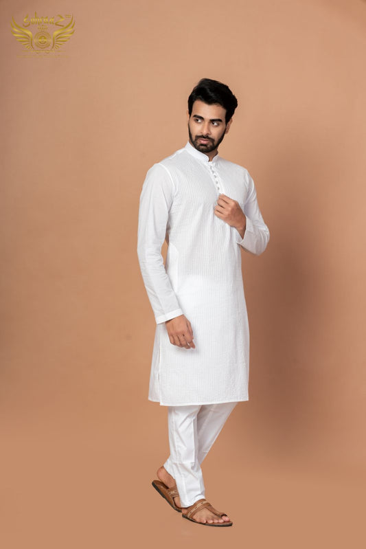 Pure White Cotton Kurta with Premium Thread Embroidery  (Only Kurta)