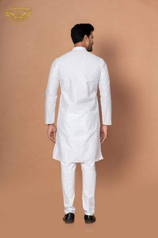White Cotton Kurta with Exquisite Thread & Self Chicken Craft