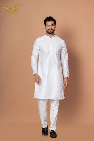 White Cotton Kurta with Exquisite Thread & Self Chicken Craft