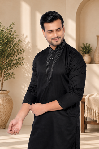 Embroidered Black Giza Cotton Kurta  (Only Kurta)